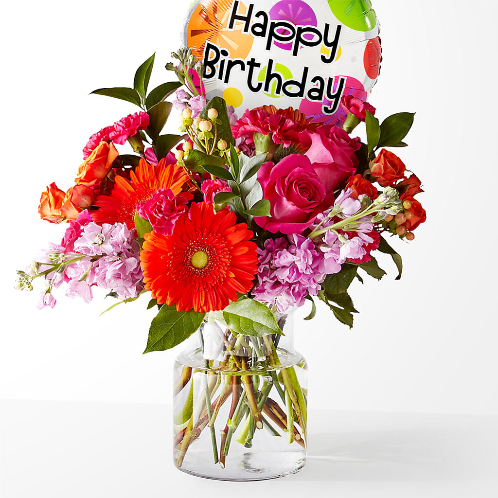 Fiesta Bouquet with Birthday Balloon – Gilberts Flowers, Fenwick ON