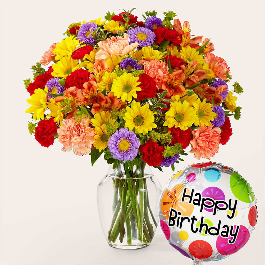 Kaleidoscope Bouquet with Birthday Balloon – Gilberts Flowers, Fenwick ON